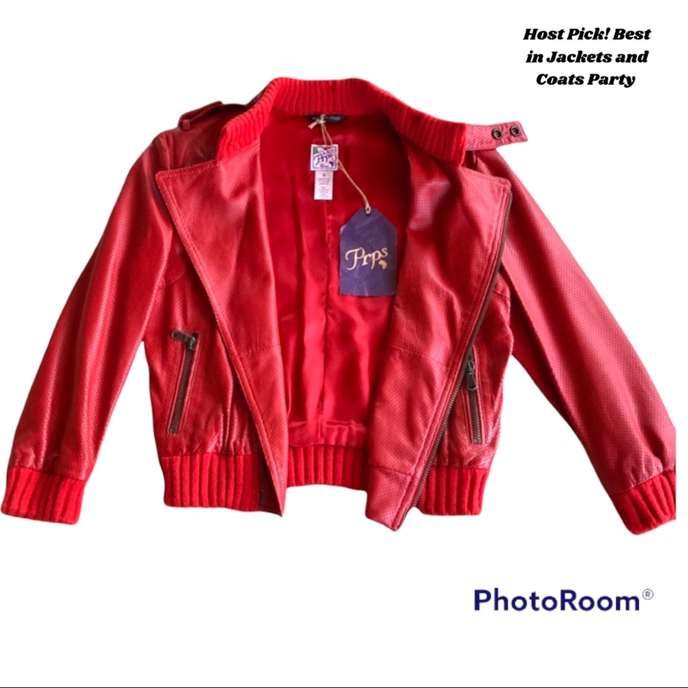 Red Perforated Leather Motorcycle BomberJacket
